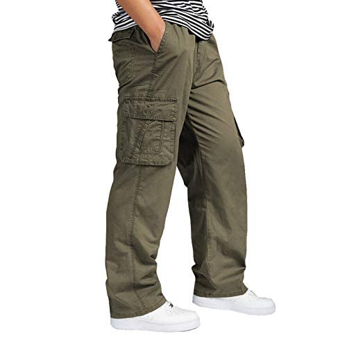 Image of REOUTLOOK Men's Regular‑Fit Cotton Cargo Pants - Elastic Drawstring Waist, 5 Pockets, Breathable Everyday Casual Trousers