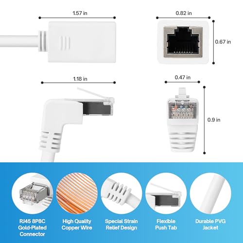 90 Degree Cat 6 Ethernet Extension Cable 4 Pack,Right Angles (UP & Down) Short Cat6 Male to RJ45 Female Network LAN Patch Cord FTP Shielded Extender Adapter Connector, Supports CAT5E/CAT5-3 Feet White by Lamroyce - Used condition - Image 2