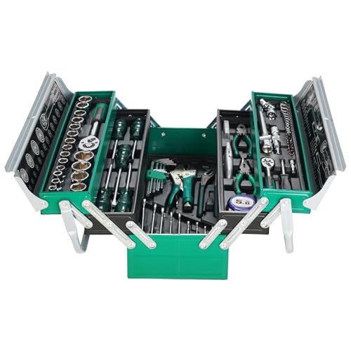 GearZone 85 Piece Repair Tool Kit Toolbox Storage Case with Drawer Multi-Purpose Household Hand-tool - Perfect for Home DIY Handyman-Green