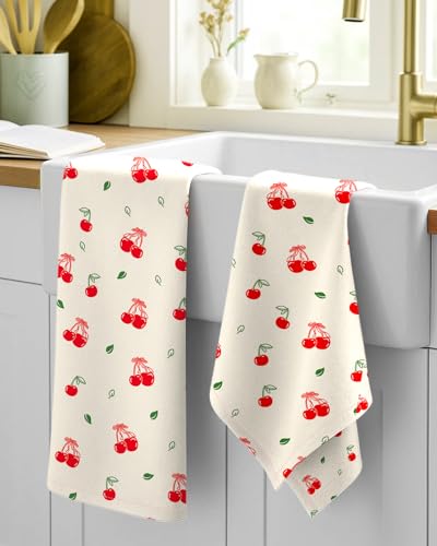 Image of Miss Adola Flour Sack Kitchen Towels Set of 2-18x26 Cotton Dish Towels with Hanging Loop Reusable Tea Towel for Cleaning Spring Absorbent Dishcloths Cute Home Decor Housewarming, Bow Cherry