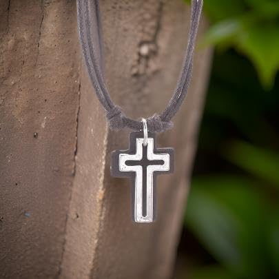 Open Cross with Leather Back on Double 16" Cord Vintage Look Necklace (Brown) - Image 2