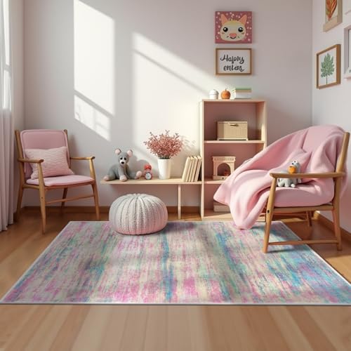 KOZYFLY Modern Abstract Pink 3x5 Area Rug Washable Girls Kids Bedroom Rug Throw Entry Mat Non-Slip Carpet Dining Room Rug with Soft Low Pile for Living Room Kitchen Bath Office