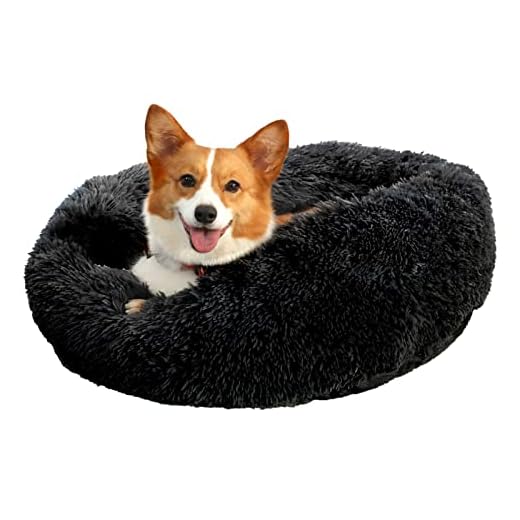 jiuzcare Kattenbed 50 x 50 cm, huisdierbed voor kleine honden en katten, rond, donut, pluche, knuffelbed, hondenbed, kattenbed, wasbaar, pluizig hondenkussen, kattenkussen, zwart