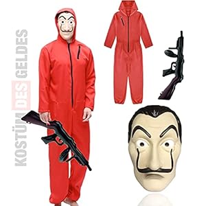 1x kostuumset – House of Money voor volwassenen unisex met masker van Dali Salvador, opblaasbaar geweer, rode jumpsuit voor carnaval & Halloween