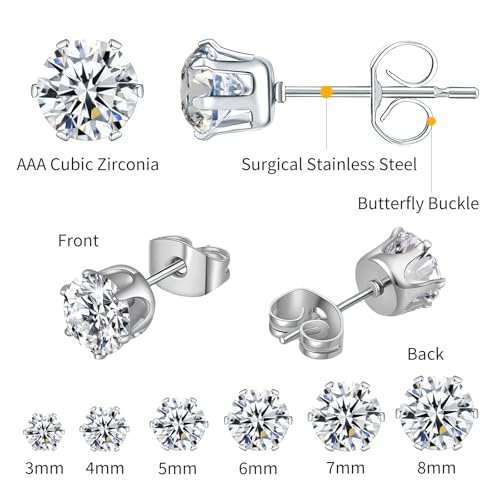 6 Pairs Silver Stud Earrings for Women 3-8 Mm 316L Hypoallergenic Cubic Zirconia Surgical Stainless Steel Earring Studs4