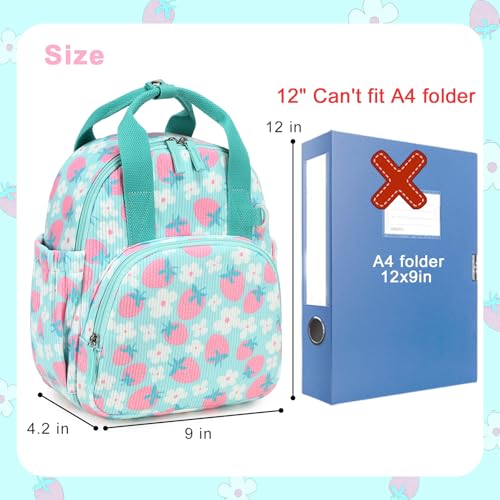 Image of Bluboon Toddler Backpack for Girls Boys 2-4 Cute 12 inch Preschool Kindergarten Backpacks Kids Daycare Bags School Travel (Pink Strawberry Flower - Mint Green, Age 2-4 (12 inch H not Fit A4 Folder))