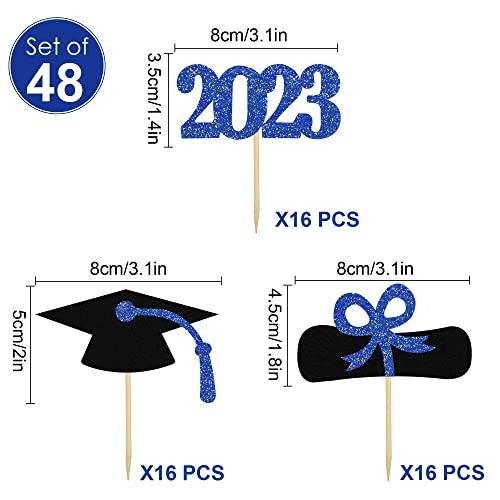 2023 Glitter Graduation Cupcake Topper, 48 Pcs Blue Cake Decorations 2023 Diploma Grad Cap Cake Toppers Food Picks For Graduation Party Supplies #TOP1
