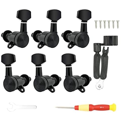 Unxuey 6Pcs Guitar Locking Tuners 3L+3R Handed Lock String Tuning Key Pegs Machine Heads Replacement for Folk Style Electric Acoustic Guitars - Black Cover