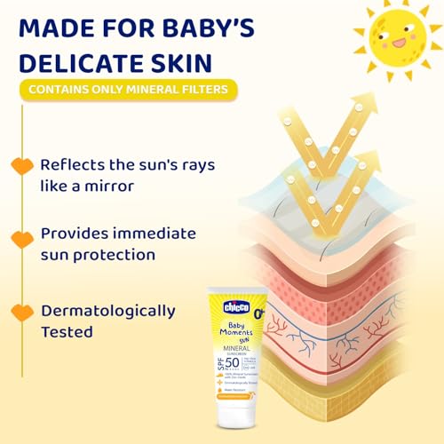 Image of Chicco Baby Moments Mineral Sun Cream SPF 50 for Babies, 75g| 100% Mineral Sunscreen | PA++++ | UVA and UVB Protection | Phenoxyethanol, Parabens & Lauryl Sulphates Free