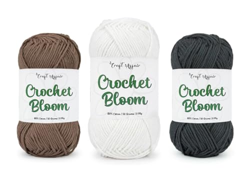 Image of Craft Affair | Crochet Bloom Cotton Yarn 8ply (Each Color 2mm, 77Meter, 50Gram) 100% Pure Cotton | for Knitting Yarn | Craft & DIY Project: Stone, White, Charcoal
