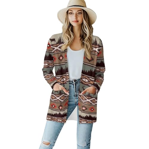 Image of Women's Aztec Open-Front Jacket Lightweight Casual Outerwear Native Western Aztec Pattern & Plaid Houndstooth Print