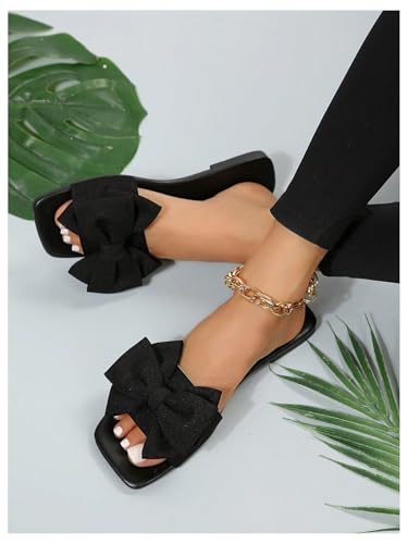 Image of GORGLITTER Women's Gold Sandals Dressy Cute Summer 2026 Bow Square Toe Trendy Beach Boho Wedding Vacation Slides Shoes