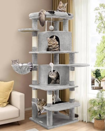 Image of Globlazer Corner Cat Tree for Large Cats, 66inch Tall Curved Series Large Cat Tower for Multiple Indoor Cats with 6 Scratching Posts, 2 Spacious Cat Condos, Hammock, Hanging Basket, C66, Light Grey