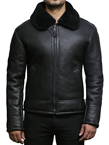 Brandslock Mens Real Shearling Sheepskin Leather Flying Aviator Bomber Jacket