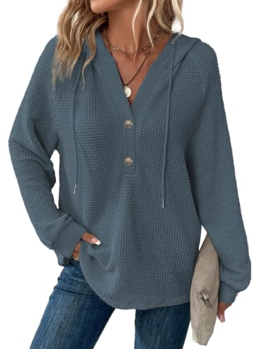 Image of Dokotoo Hoodies for Women Waffle Knit Button V Neck Casual Sweatshirt Tops
