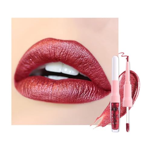 Image of evpct Dark Red Metallic Glitter Lip Liner and Lipstick Combo Lip Gloss Stain Set Makeup for Women Long Lasting Waterproof 24, Wine Red Frosted Metallic Shimmer Glossy Chrome iridescent Liquid Lipstick