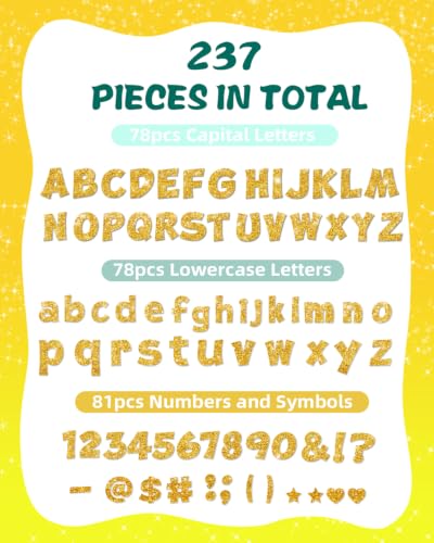 Image of 237 Pcs Glitter Bulletin Board Letters, Numbers and Punctuation 4 Inch | Cut Out Letters for Bulletin Board Decorations, Poster Board Letters Alphabet Cutouts for Classroom Wall Decor (Yellow)
