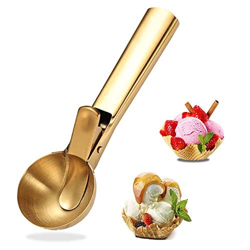 Ice Cream Scooper Stainless Steel, Cookie Scoopwith Trigger Heavy Duty Metal Icecream Scoop,Cookie Scoop Large Size Perfect For Frozen Yogurt, Gelatos, Sundaes (C-Gold)