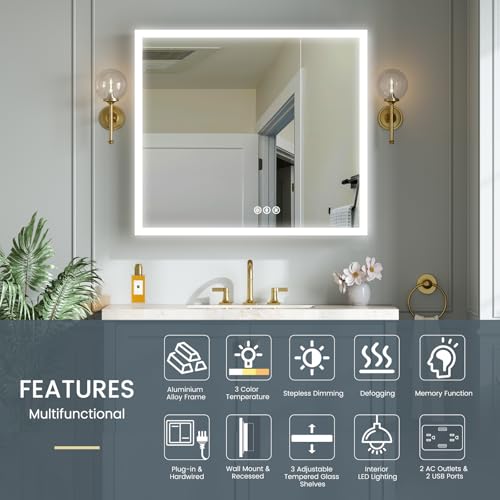 Tifullhome TFGBE100162-6 36X32 Inch Lighted Medicine Cabinet thumb #6