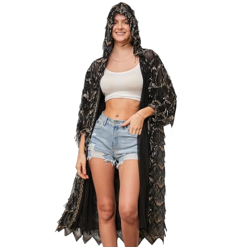 Image of Sparkling Sequin Cardigan For Women - Long Kimono With Hood, Open Front Black Summer Duster