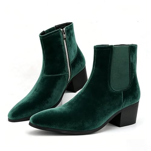 Image of Men'S Classic Leather Chunky Heel Chelsea Boots With Side Zipper Fashion Pointed Toe Elastic Band High Top Block High Heel Formal Chukka Booties For Casual Business Party Wedding