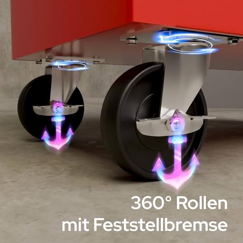 Arebos Werkstattwagen 7 Fächer/zentral abschließbar/Anti-Rutschbeschichtung/Räder mit Festellbremse/Massives Metall/rot, blau oder schwarz (Rot) - 4