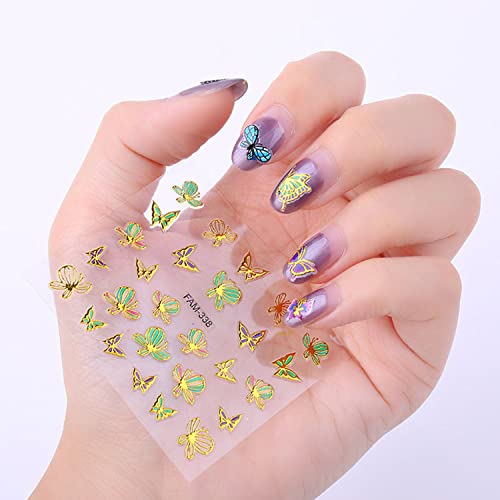 Butterfly Nail Art Stickers, Holographic 3D Butterfly Nail Self-Adhesive Sticker Design, Gold Small Butterflies Nail Art Decals For Women Girls Manicure Charms Decorations, Kids Nail Transfer Decal #TOP3