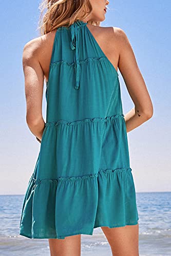 Cupshe Women's Midi Dress High Neck Halter Ruffle Tiers Sleeveless Cover Up, L Teal #TOP1