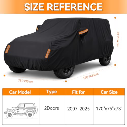 Image of Car Cover for Jeep Wrangler 2 Door 1987-2026 JK JL CJ YJ TJ Outdoor Waterproof Sun Rain Snow Hail UV Protection with Driver Door Zipper