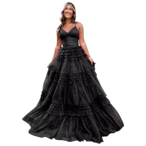 Tiered Glitter Tulle Prom Dresses for Women Long Ball Gown V Neck Spaghetti Straps A Line Formal Evening Party Gown