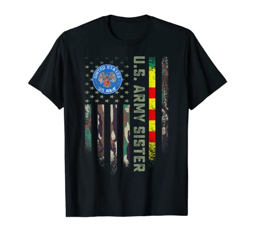 Vintage USA Camo Flag Orgulloso Ejército de los Estados Unidos Vietnam Veteran Sister Camiseta