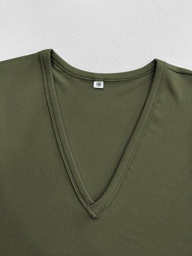 Image of Albe Rita Women Short Sleeve T-Shirt Cap V Neck Shirts for Women Ribbed Casual Top Knit Slim Fit for Summer