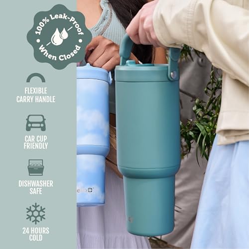 Image of Ello Oasis Go+ 32oz Tumbler with Top Handle and Retracting Straw | Reusable Insulated Stainless Steel Cup, 100% Leakproof Water Bottle, 24 Hours Cold, Cup Holder Friendly For Travel | Alligator