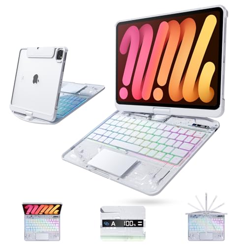 Image of Clear Wireless Keyboard Case for iPad mini 7 A17 Pro (2024) / Mini 6 (2021) 8.3 inch w /Multi-Touch Trackpad, 7-Color Backlit, Pen Holder, 360 Rotating Case for iPad mini 7th /6th Generation,White