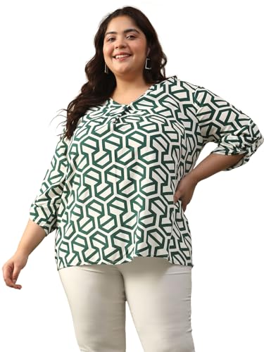 Image of oxolloxo Women Plus Size Green Abstract Rayon Print V-Neck with Long Roll up Sleeve & Pleate Detail Top