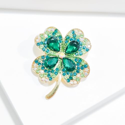 Image of Rhinestone Clover Leaf Brooch Pin, Green Four Leaf Clover Pin Shamrock Lapel Pin, Gold Plated Vintage Crystal Flower Brooches