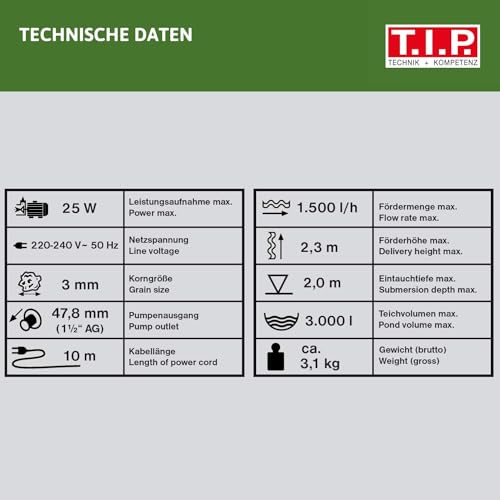T.I.P. T.I.P. Teichpumpe Wasserspiel 1.500l/h Fördermenge, 2,3 m Förderhöhe, Filter Bachlauf Springbrunnen WPF 1500 S (mit drei Wasserspielen, integriertem Filter, 3-Wege-Ventil) 30425,schwarz - Detailansicht 14 | Poolpumpen