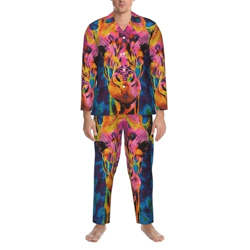 Tie Dye Pattern Of Giraffe Mens Pajamas Set Button Down Sleepwear Set Long Sleeve Loungewear With Pockets