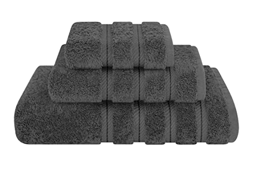 American Soft Linen Premium 3 Piece Towel Set, 1 Bath Towel 1 Hand Towel 1 Washcloth, 600 GSM 100% Cotton Turkish Towels for Bathroom, Dark Gray Towel Set