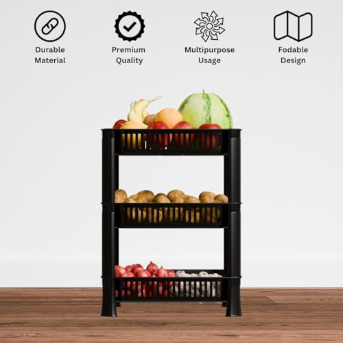 Image of Multipurpose Plastic Storage Rack for Kitchen | Foldable Vegetable & Fruit Organizer Stand for Onion, Potato, Sabji | Countertop Multi-Layer Basket Rack for Home, (Black, 3 layer)