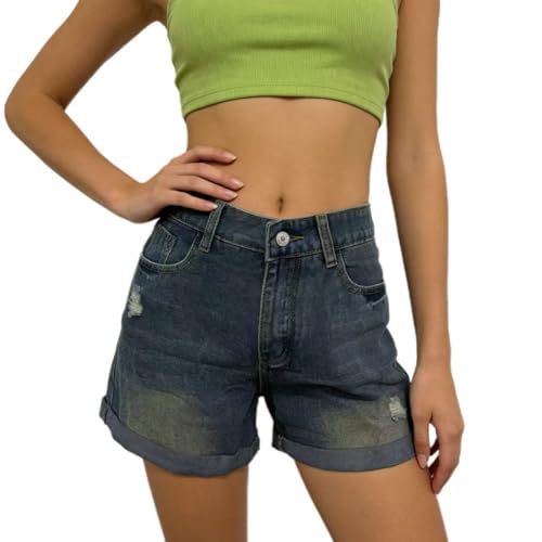 Short en jean décontracté pour femme aspect vieilli taille haute