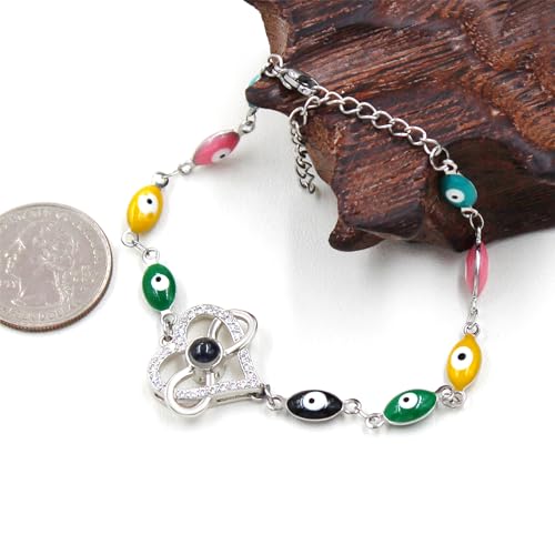 Image of 100 Languages I Love You Projection Heart Charm Evil Eye Chain Bracelet Adjustable Good Luck Jewelry Valentine's Day Anniversary Birthday Protection Gift for Women Mom Wife