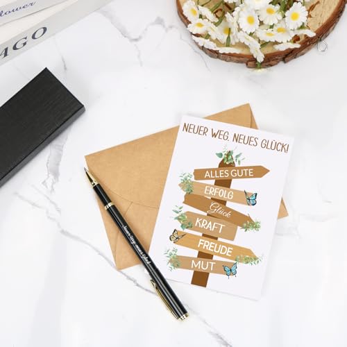 MorLuks Neuer Weg Neues Glück, Kugelschreiber mit Gravur + Abschiedskarte Kollegen + Geschenkbox, Abschiedsgeschenk Kollegen für Jobwechsel Rente Ruhestand Neuer Job Mutmacher