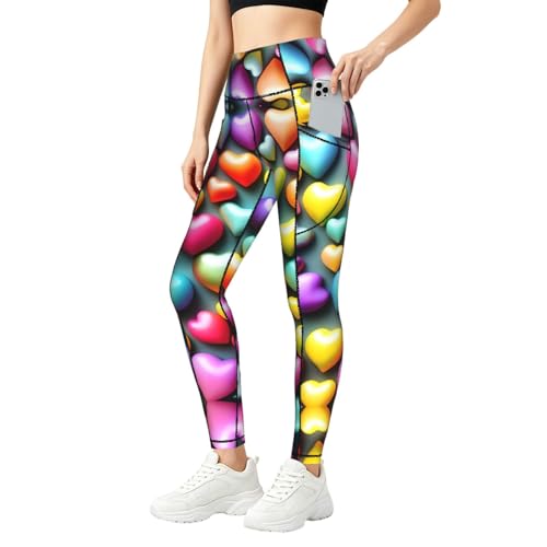 Leggings de corazones arcoíris con bolsillos antisentadillas para mujer