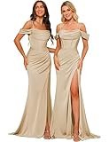 PUXIU Off The Shoulder Mermaid Spilt Bridesmaid Dresses for Women 2023 Satin Prom Dress Long Corset Formal Evening Gown US10 Champagne