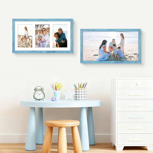 Image of DUENPY 8x14 Collage Picture Frame 4x6 Collage Picture Frame Displays Three 4x6 inch Photos or 8x14 (Without Mat) for Available Horizontal Wall Mounting Display and Vertical Blue