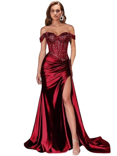 Mermaid Prom Dresses for Women Appliques Satin Formal Dress with Slit LW078