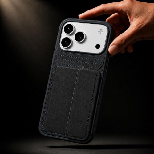 Image of amazon basics Luxury Vegan Leather Back Cover for iPhone 17 Pro Max | Built-in Card Holder Slot | Integrated Mobile Stand | Slim Shockproof Protective Case with Stitched Finish - Blue