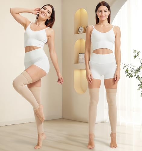Image of NURCOM 20-30 mmHg Compression Stockings for Women & Men, Thigh High Footless Medical Compression Sleeves with Dot Silicone Band, Graduated Support Hose for Varicose Veins, Edema, DVT, Post Surgery