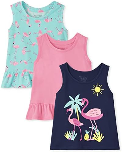 The Children's Place Baby Toddler Girls Sleeveless Fashion Tank Top, Flamingo Scene/Bright Pink/Flamingoes 3-Pack, 2T